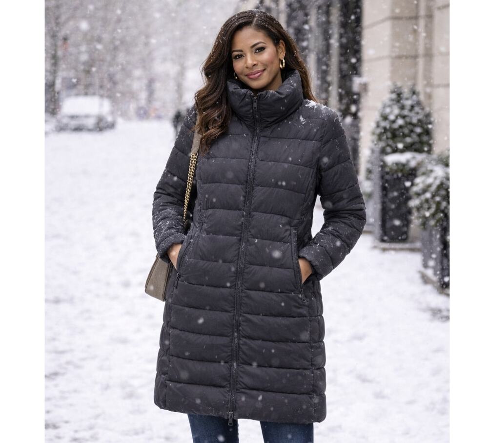 Mango Long Black Puffer Coat Womens Sz Medium Streetwear Classic Full Zip
